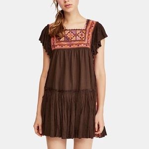 Free People Womens Brown Embroidered Boho Summer Day Glow Mini Dress Size Medium